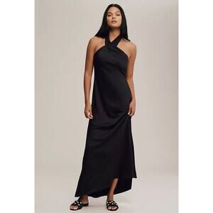 Black Satin Halter Gown BHLDN Ruby Twist Formal Evening Maxi Dress Size 6 NWT